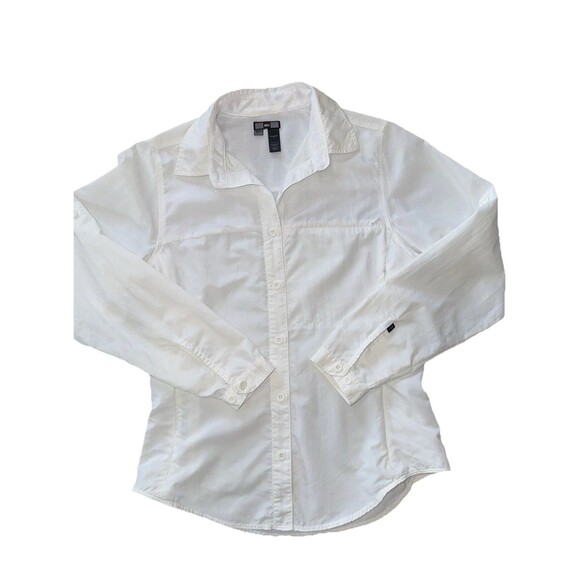 Classic White Nylon Button Up Hiking Shirt Outdoor Travel Roll Tab Sz S REI - Picture 12 of 16